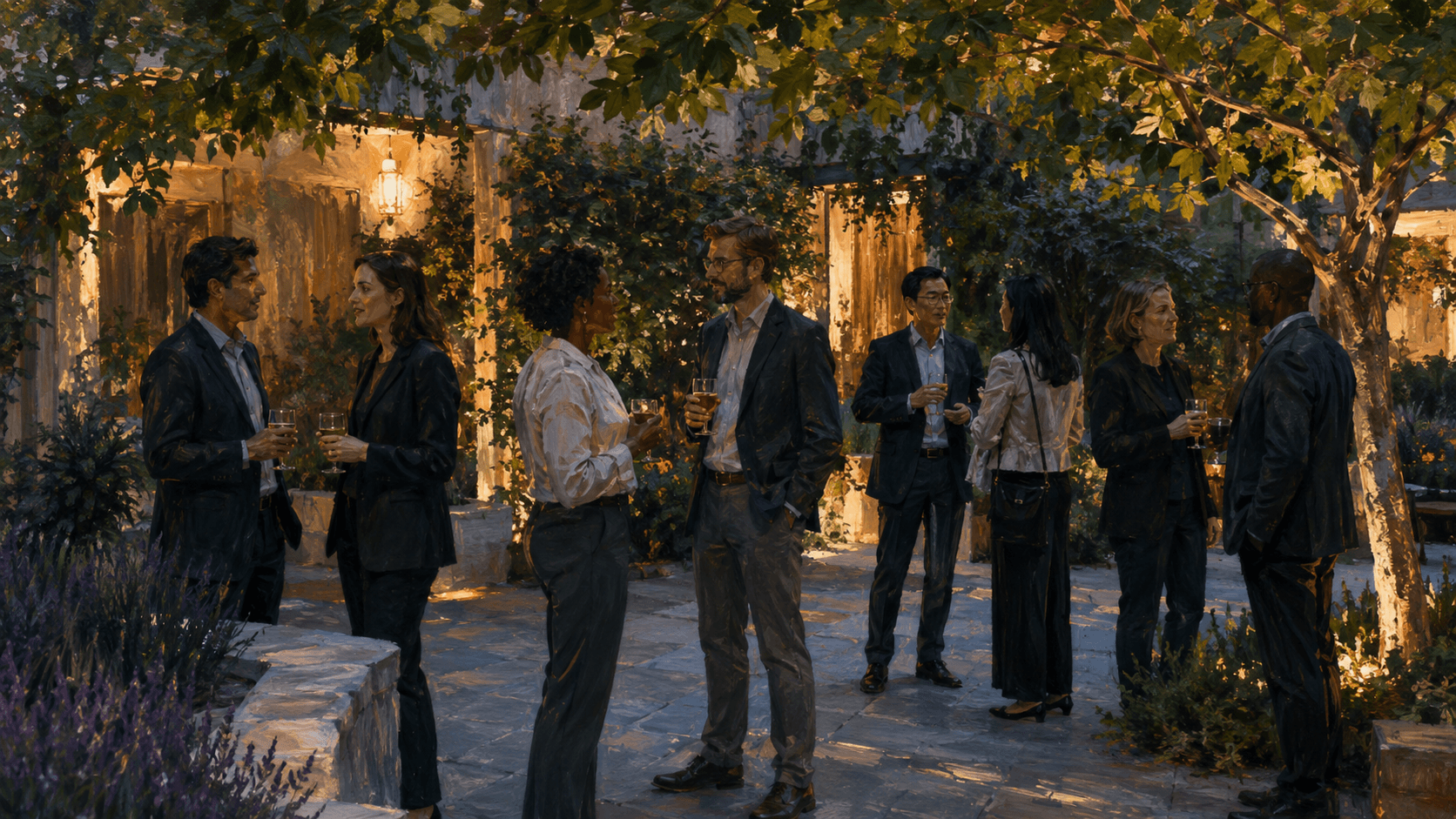 Peers in conversation at an evening garden gathering